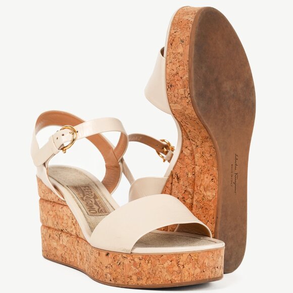 Salvatore Ferragamo Madea Cream Leather & Cork Wedge Sandals - Picture 4 of 10